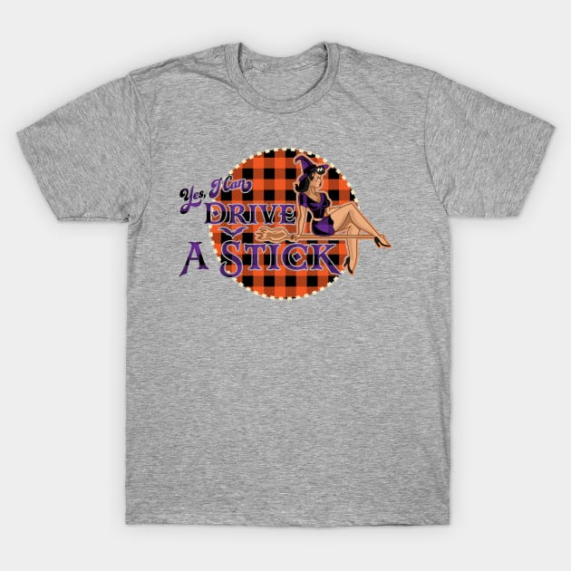 Yes I Can Drive A Stick - Halloween Witch - Orange Plaid T-Shirt by OrangeMonkeyArt